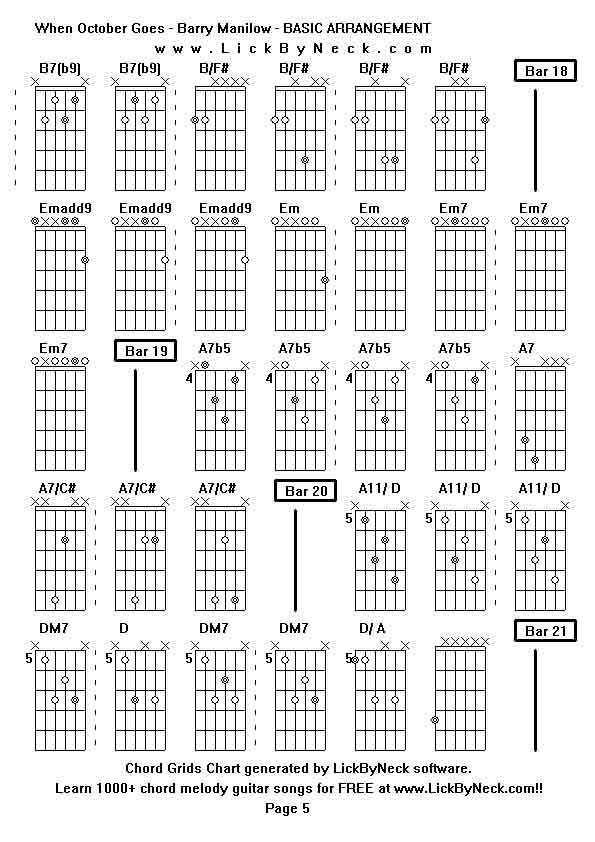 Chord Grids Chart of chord melody fingerstyle guitar song-When October Goes - Barry Manilow - BASIC ARRANGEMENT,generated by LickByNeck software.